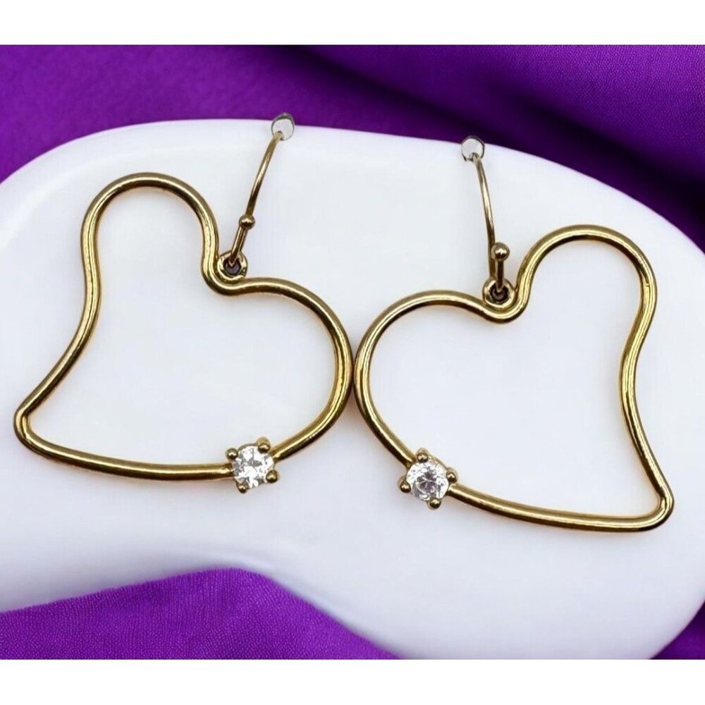Heart Shaped Gold Tone Dangle Earrings with Rhinestone Accents Cutout Avon
